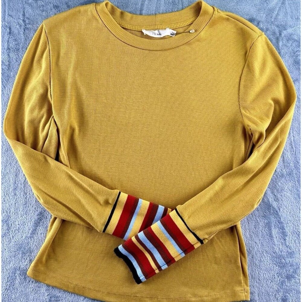 Lush Ribbed T-Shirt Top Women’s‎ Size S Mustard Yellow Striped Cuffs Scoop Neck